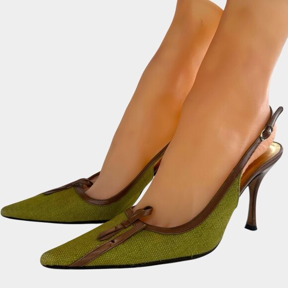 Dolce & Gabbana Retro Bow Slingback Pointed Toe Pumps Green Brown US (5)/EU (35)